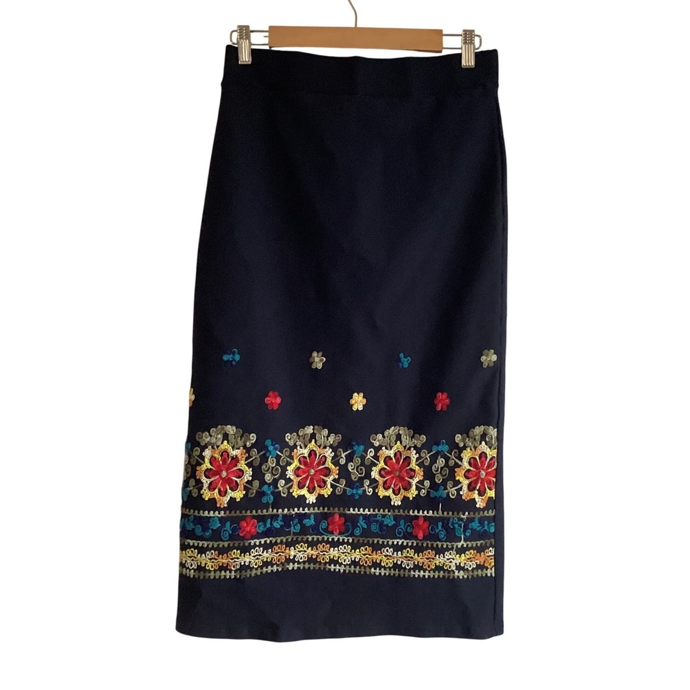 Black‎ Coco Navy Blue Embroidered Floral Midi Skirt Size L